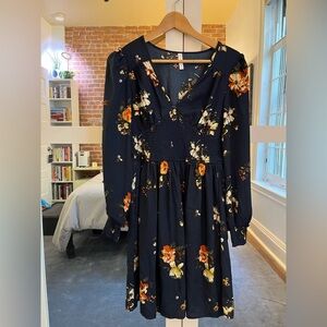 Navy Floral Long Sleeves Mini Dress